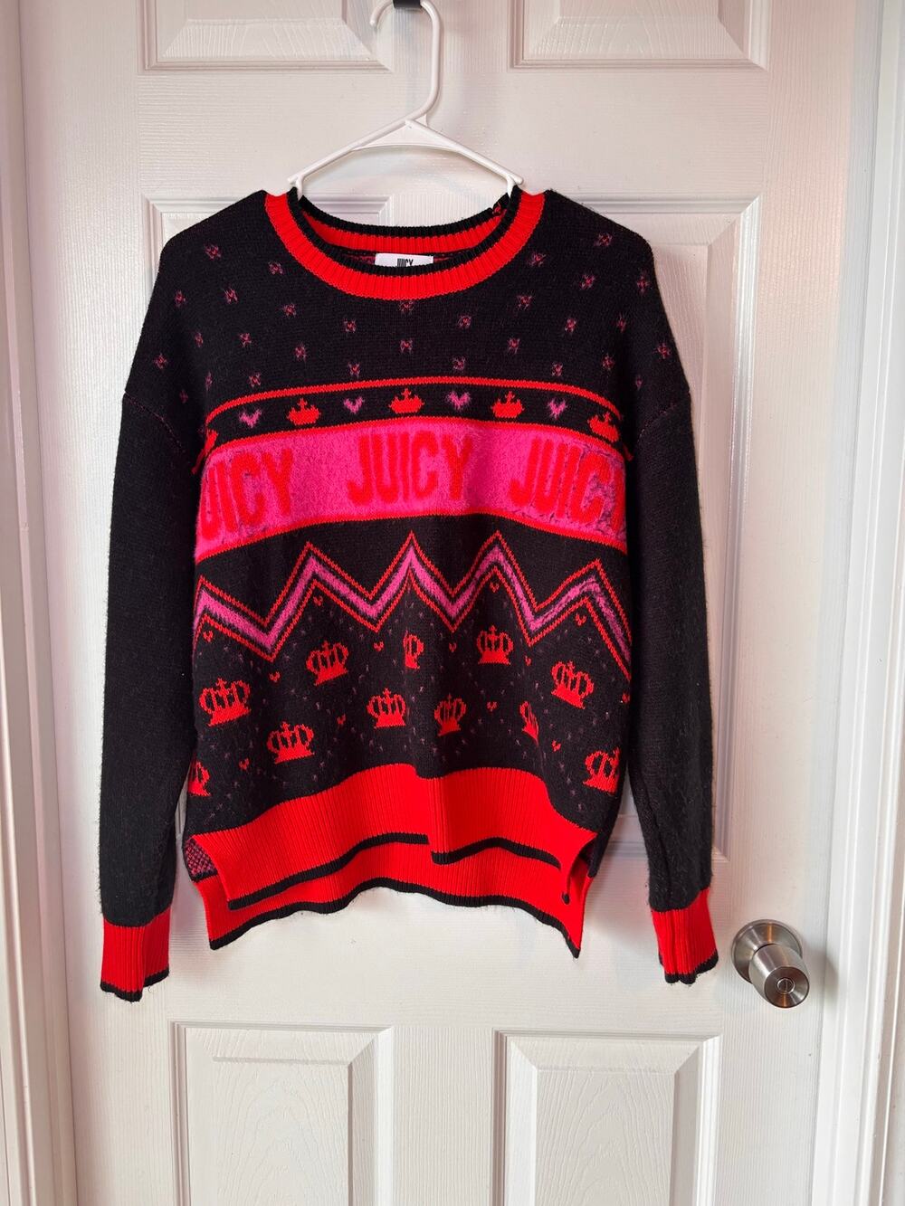 Juicy Couture Fair Isle Crown Logo Sweater Black Pink Red Women’s Size Large